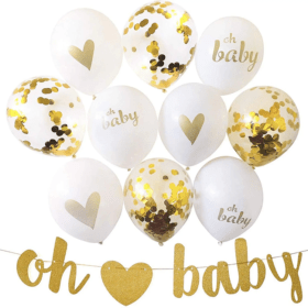 Party Ballons Latex Luftballons + Girlande für Babyparty / Geburt - Gold / Weiss (15-tlg. Set)