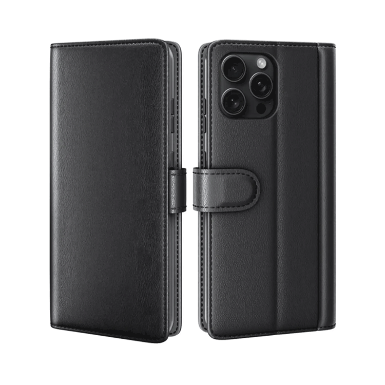 iPhone 15 Pro Flip Wallet Cover Echtleder - Schwarz