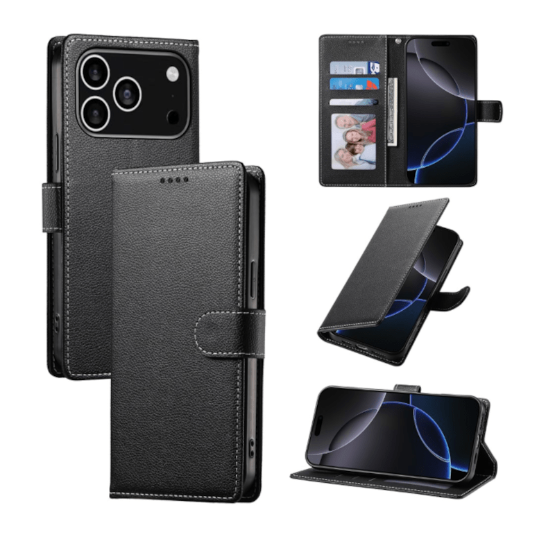 iPhone 18 Pro Max Flip Wallet Cover Echtleder - Schwarz - Bild 2